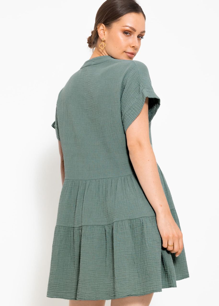 Short muslin dress with flounces - sage green