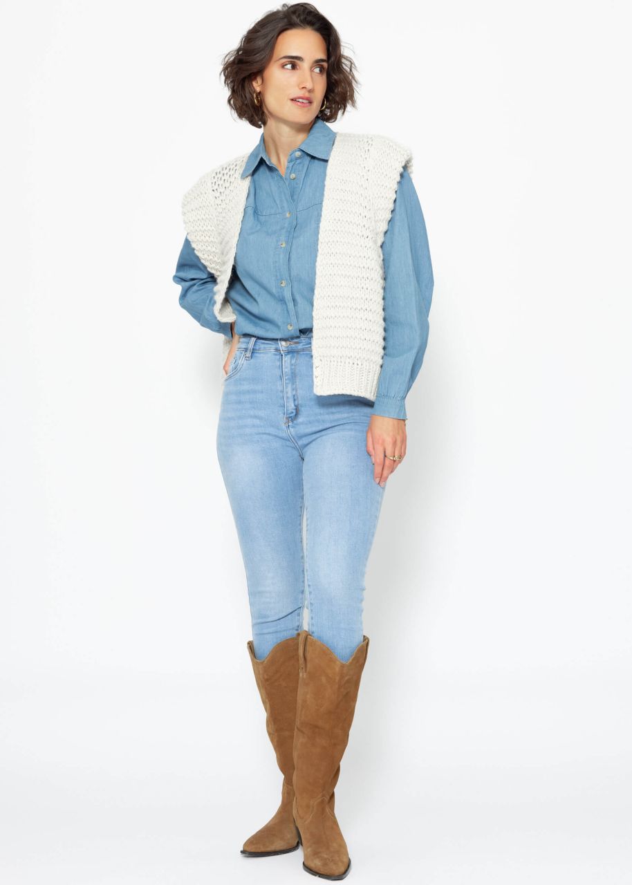 Casual denim shirt blouse with breast pocket - blue