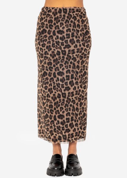 Long mesh skirt with leo print - brown