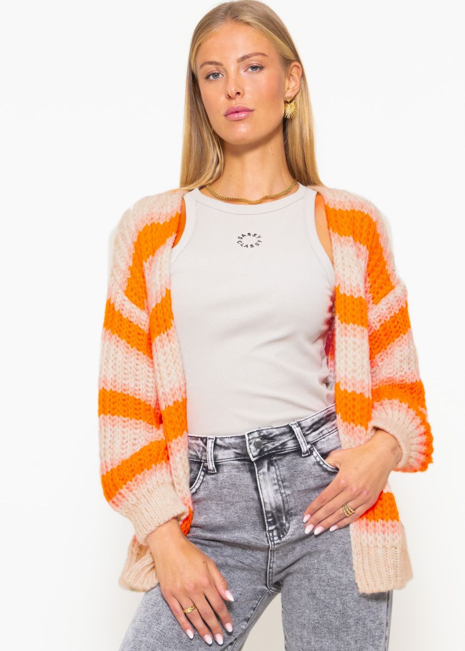 Cardigan with block stripes and balloon sleeves - offwhite-orange