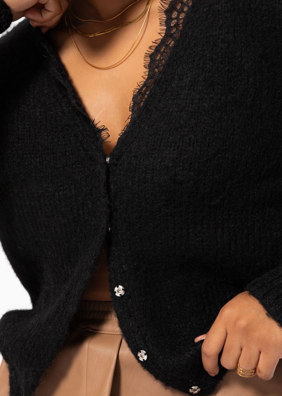 Cardigan with lace neckline - black