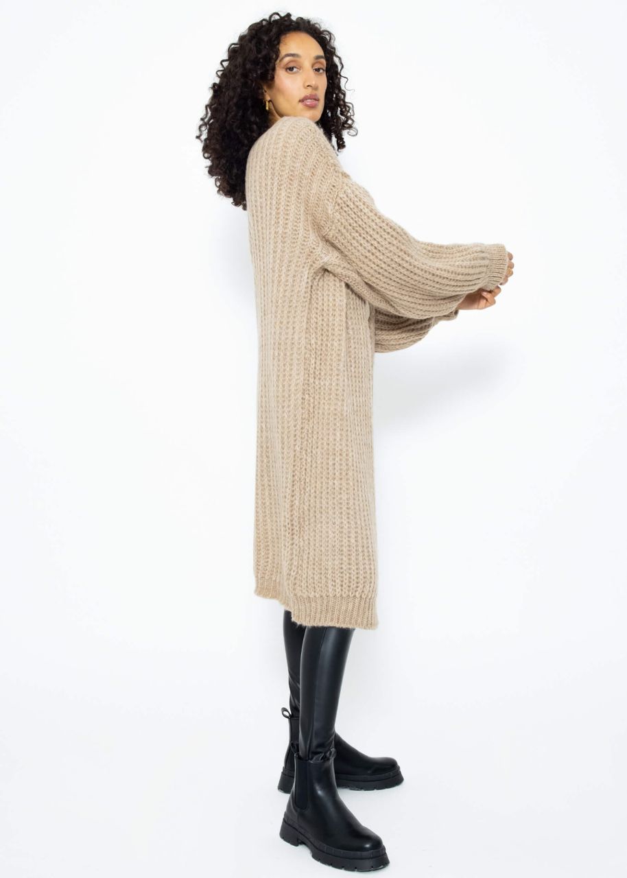 Ribbed, long cardigan with balloon sleeves - taupe