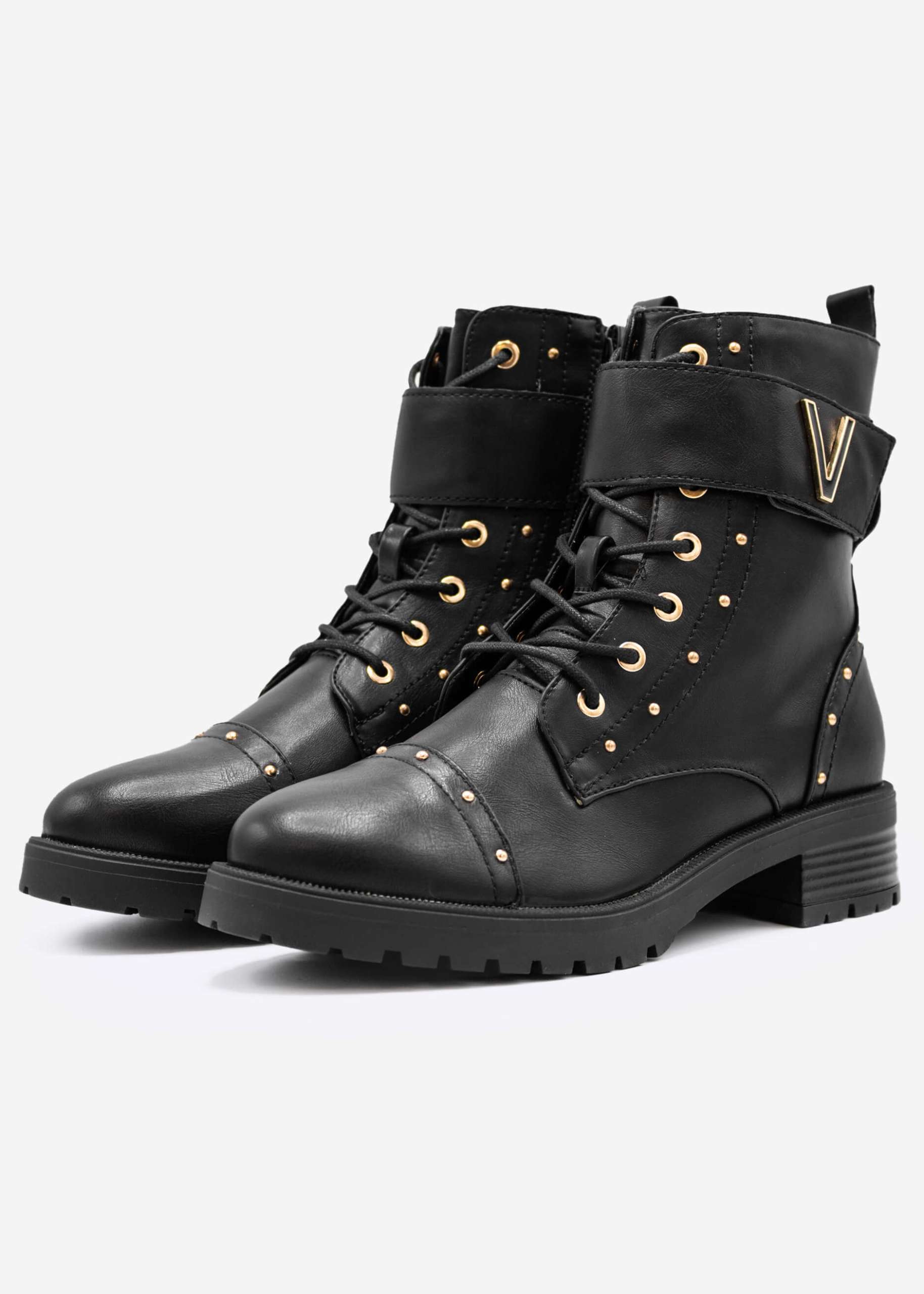 Lace up boots with gold details, black