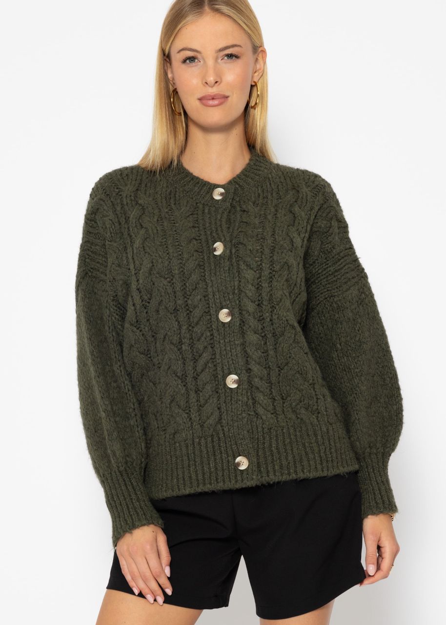 Super fluffy cardigan with cable knit pattern - khaki