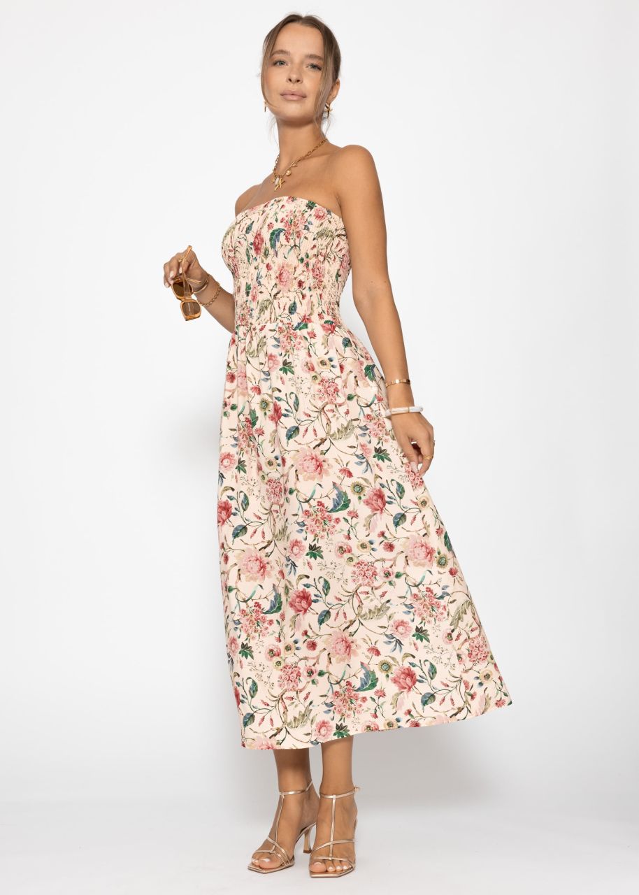 Smocked bandeau dress with floral print - beige