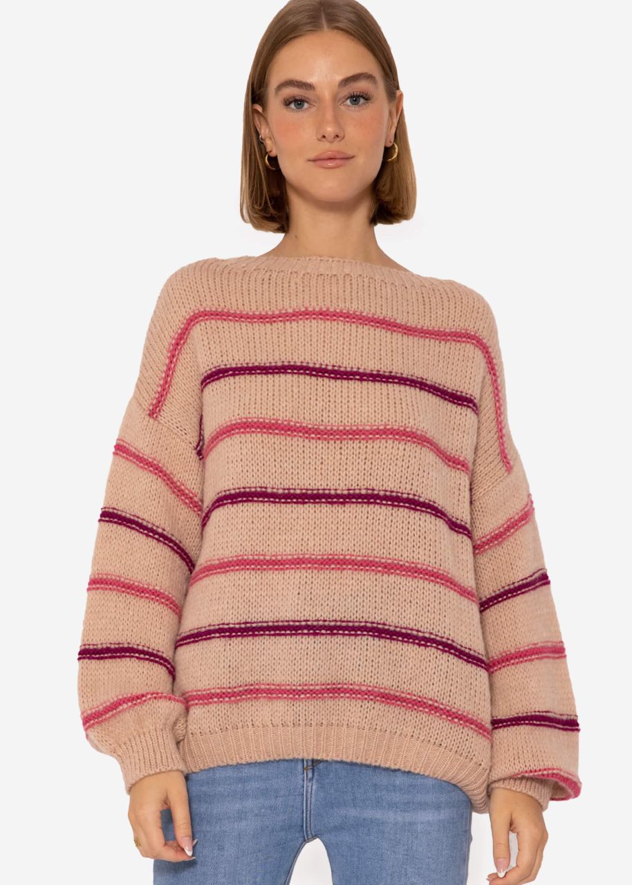 Knitted jumper with coloured stripes - nude-mauve-purple