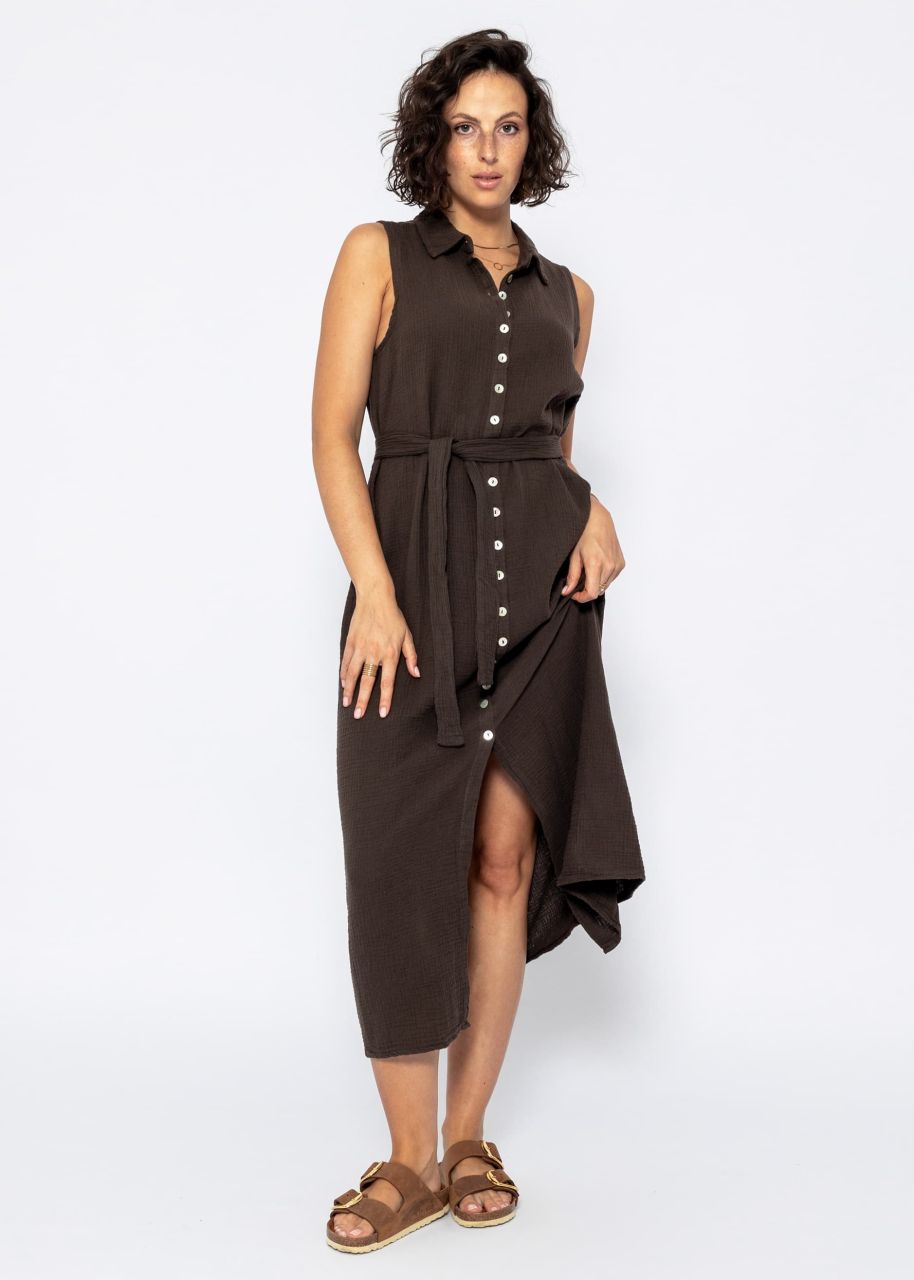 Long sleeveless muslin dress - espresso