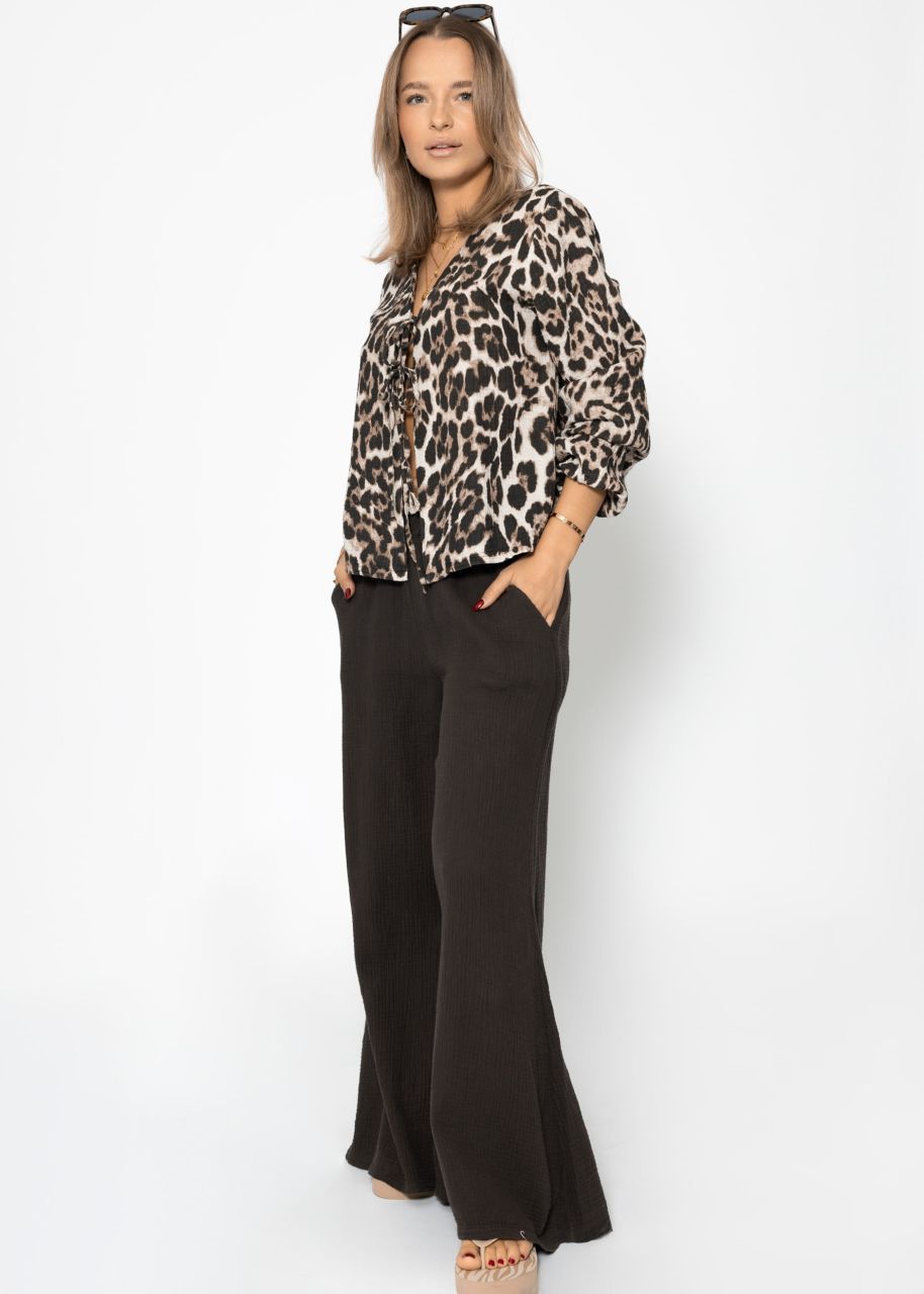 Muslin blouse jacket with tie ribbons in leo print - brown