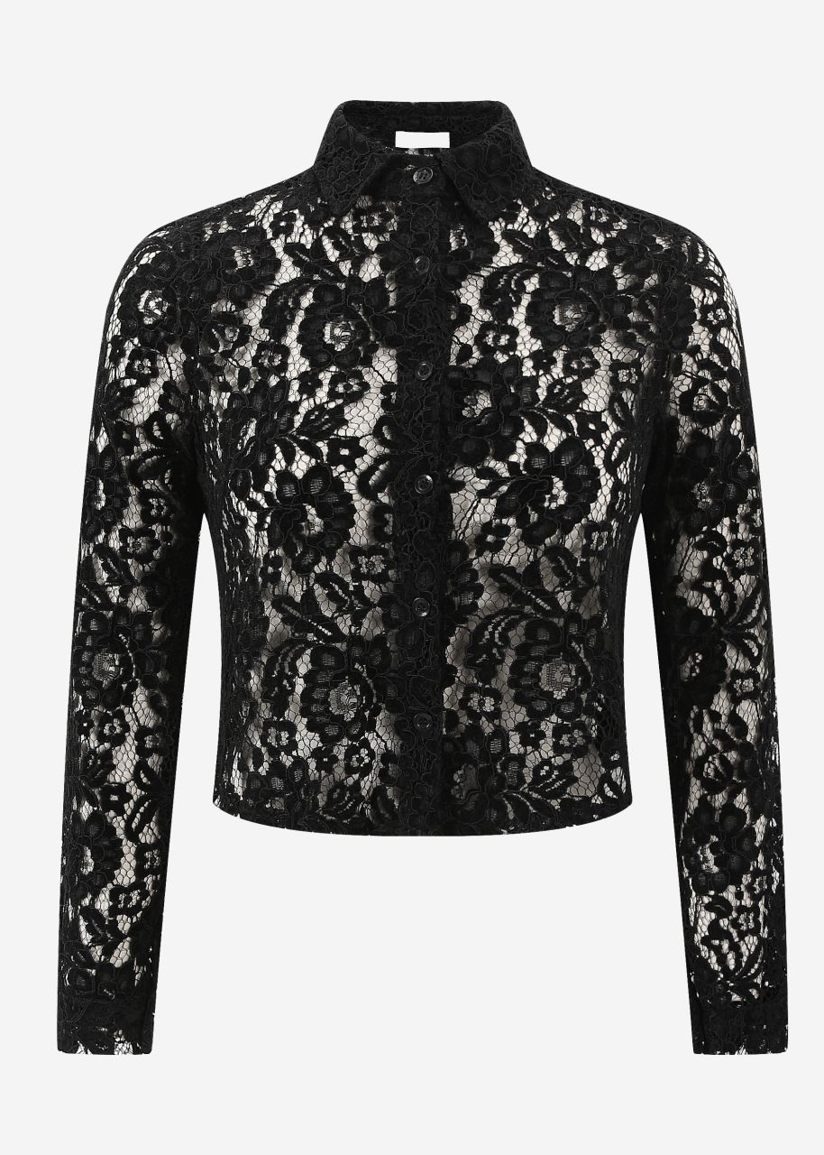 Short lace blouse with velvet effect - black