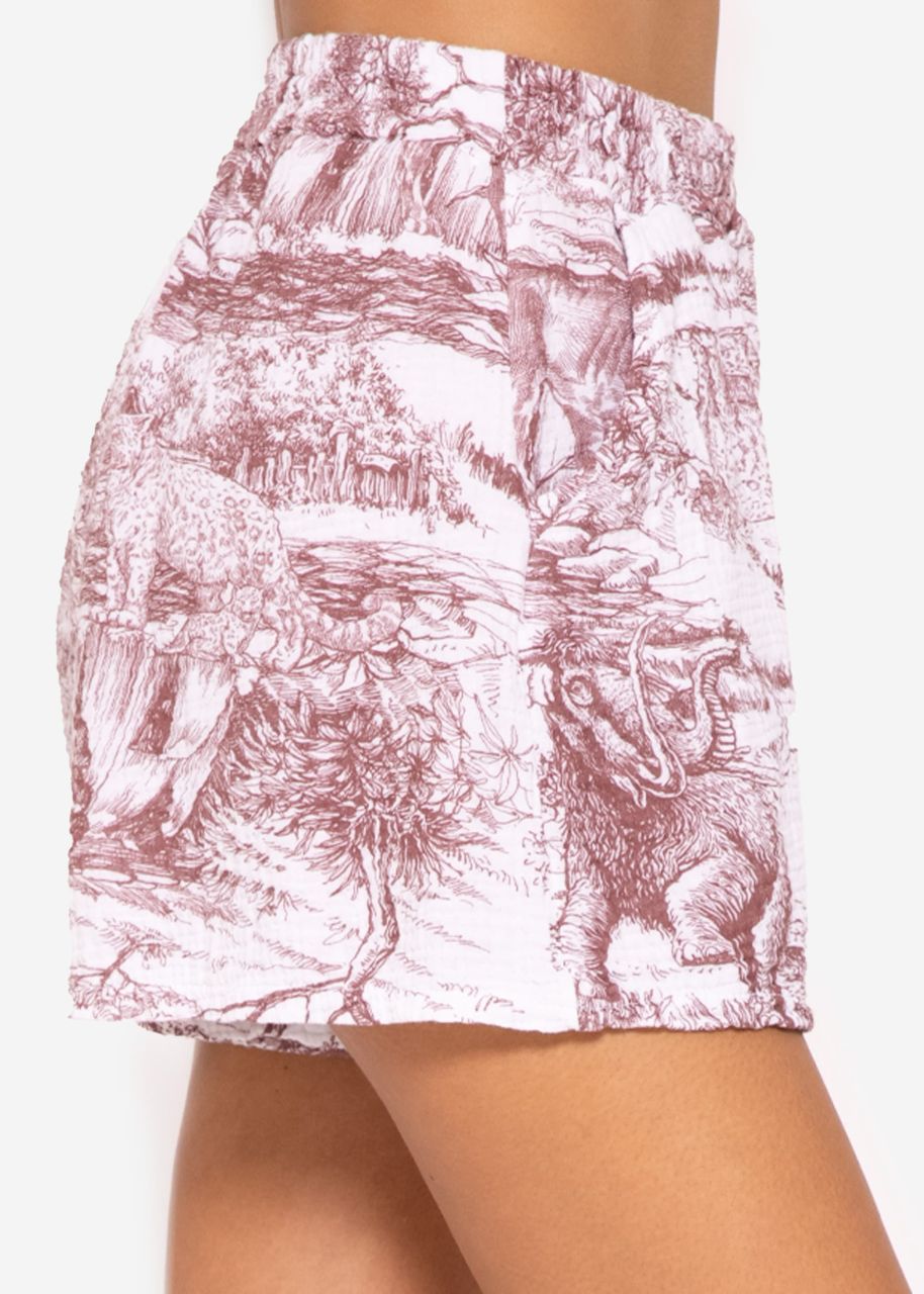Muslin shorts with print, burgundy/offwhite