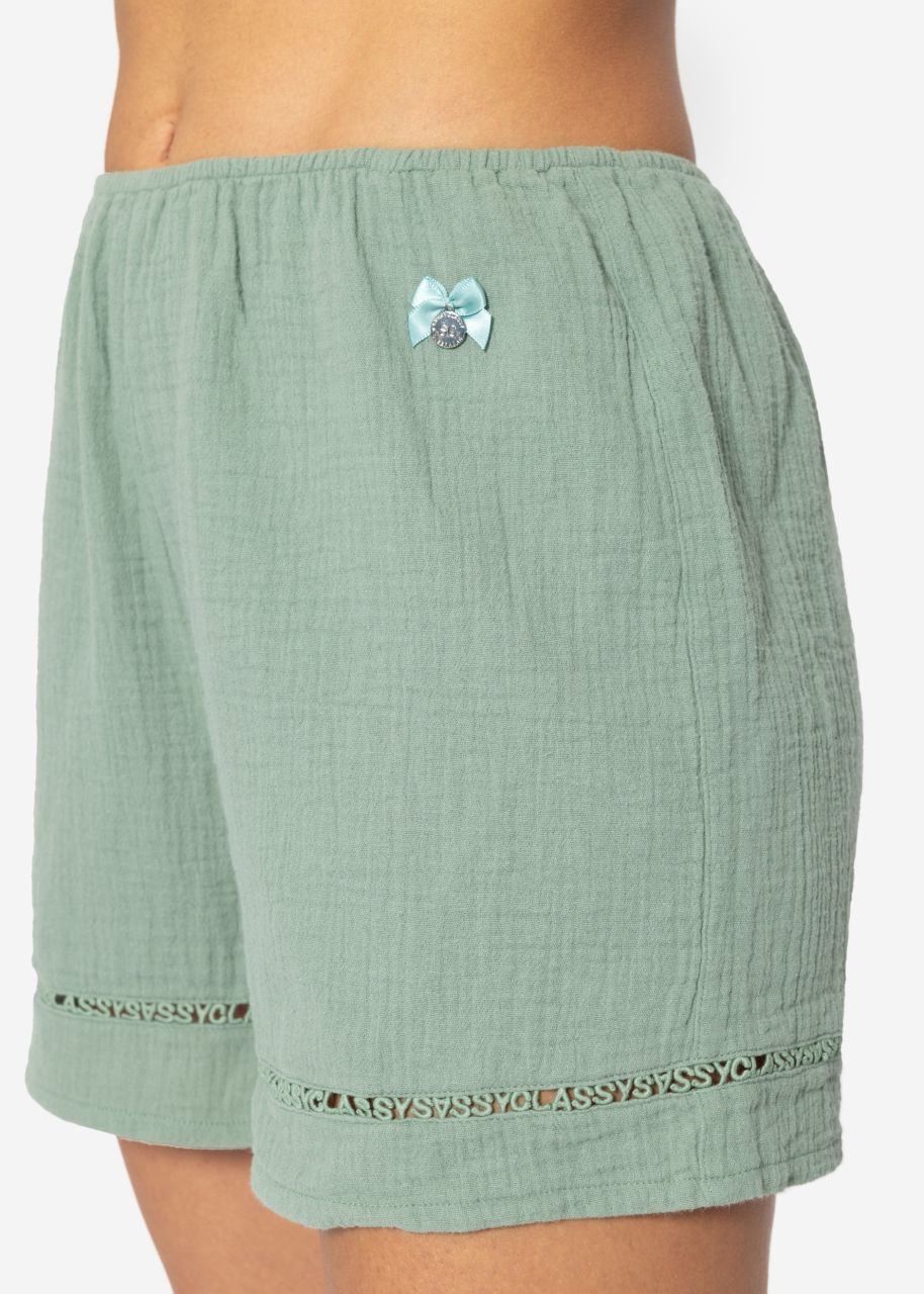 Muslin pyjama shorts with lace trim - sage green