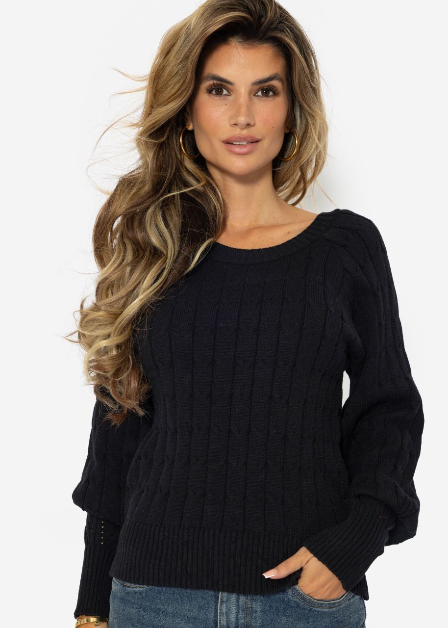 Raglan sweater with cable pattern - black