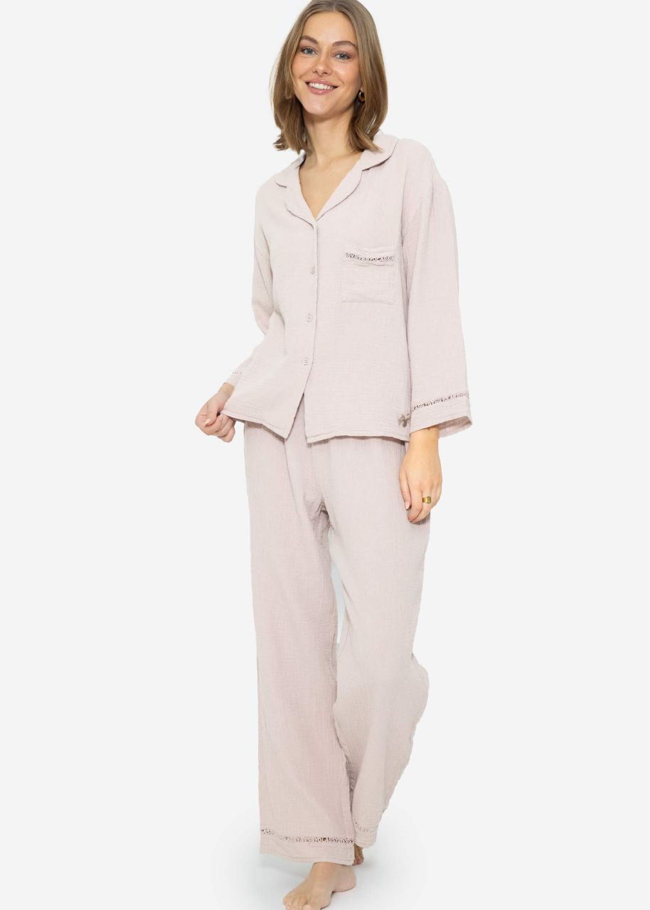 Muslin pyjama bottoms with lace trim - dusky pink