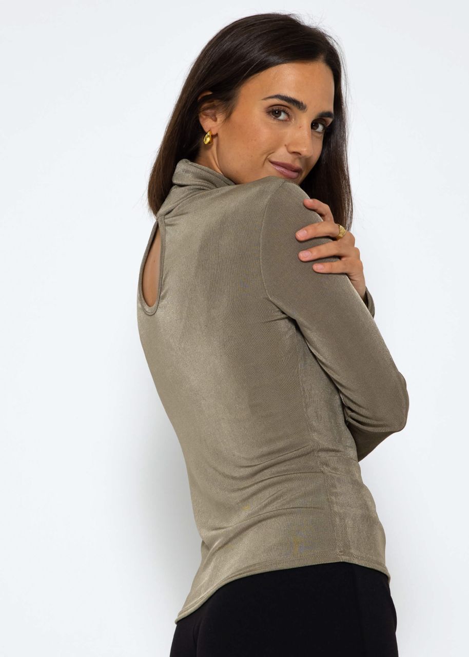 Flowing long-sleeved shirt with turtleneck and back cut-out - khaki