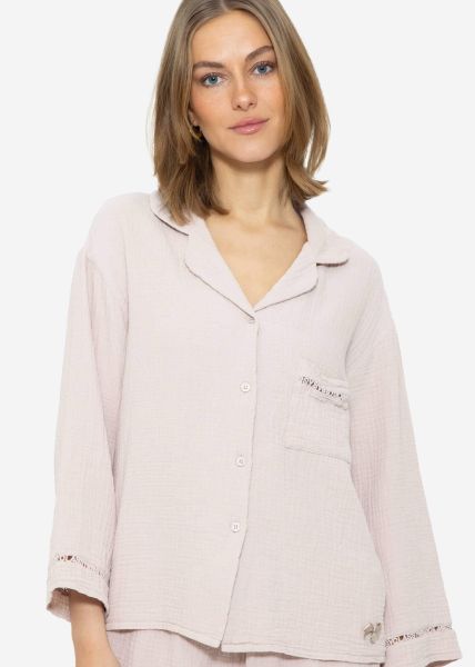 Muslin pyjama blouse with lace trim - dusky pink