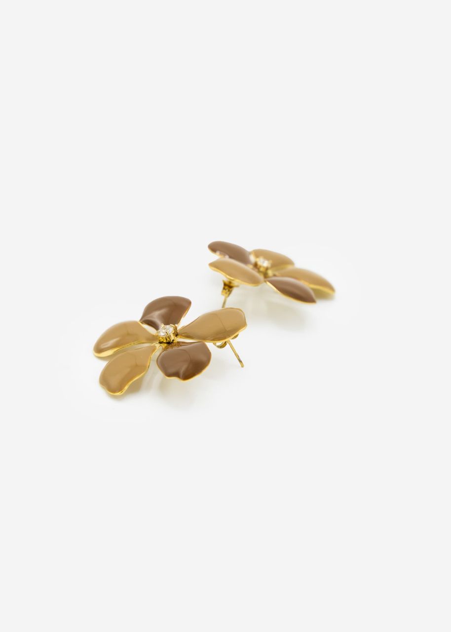 Flower stud earrings nude with glittering stone - gold