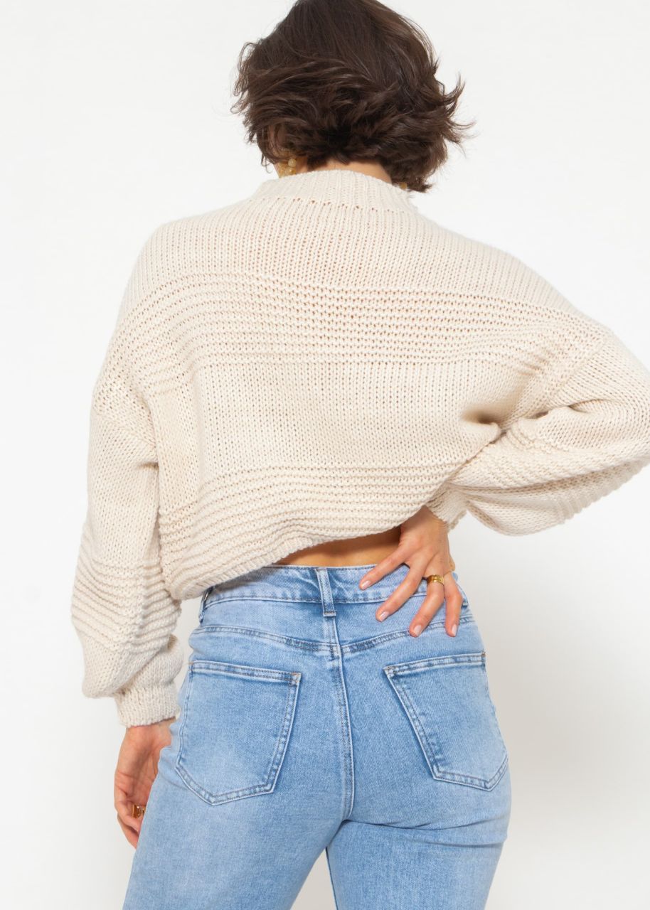 Crop knit sweater with texture - offwhite