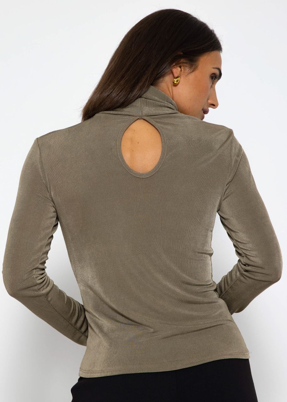 Flowing long-sleeved shirt with turtleneck and back cut-out - khaki