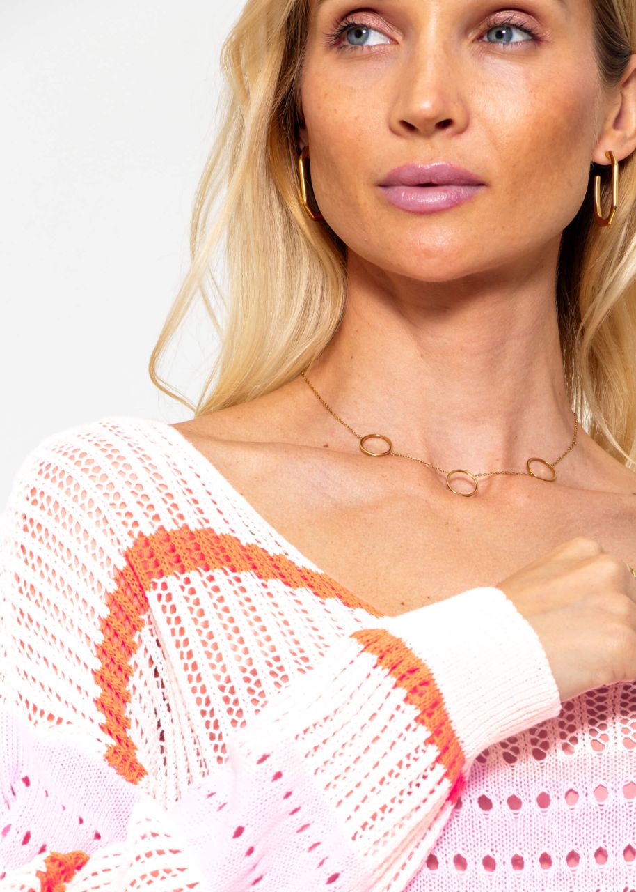 Perforated knit jumper with V-neck - offwhite-pink-orange