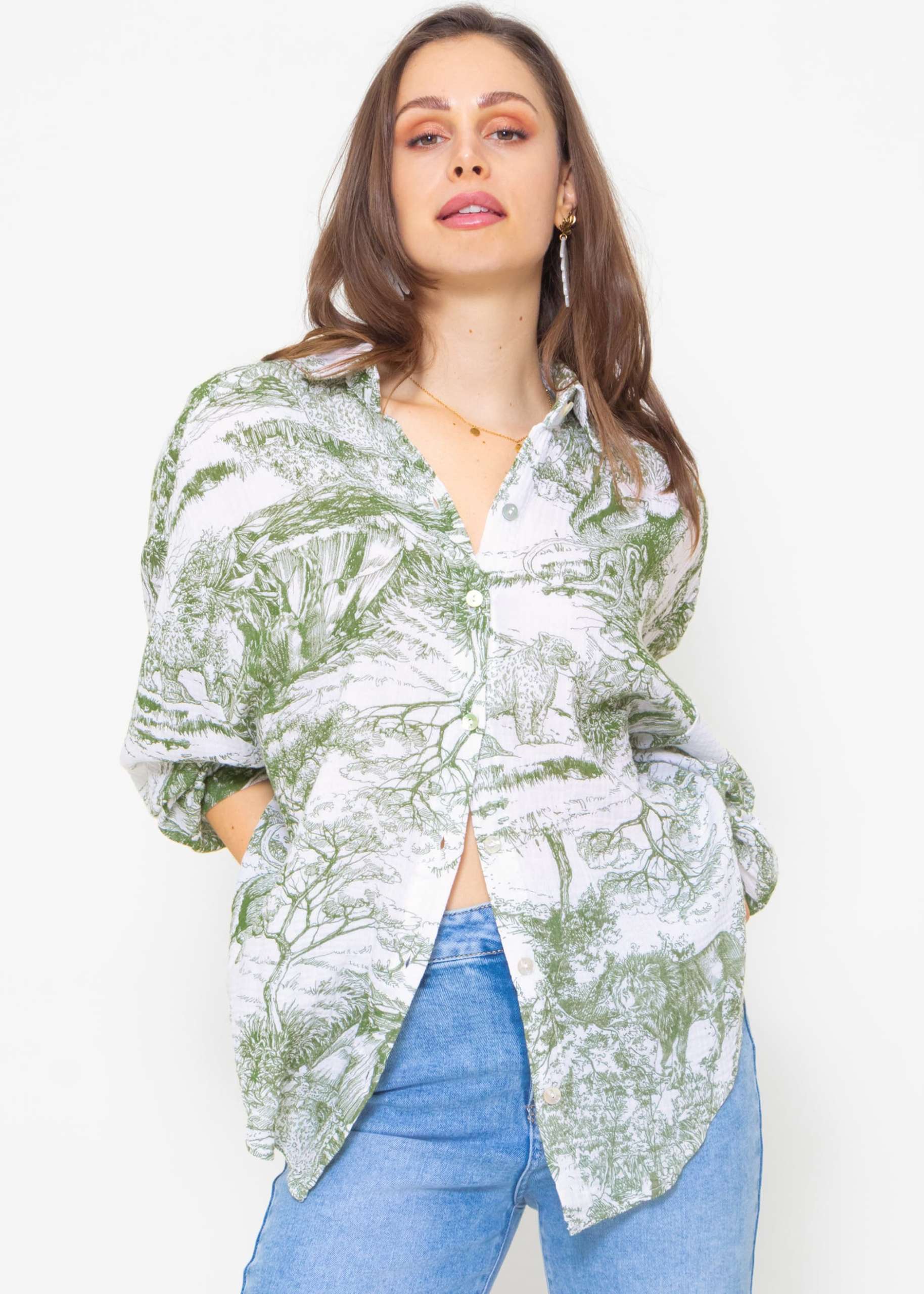 Muslin blouse with print, khaki