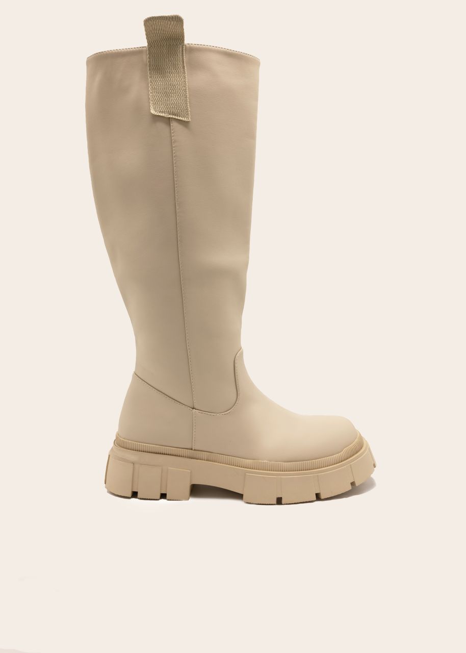 Knee high boots with flaps, light beige