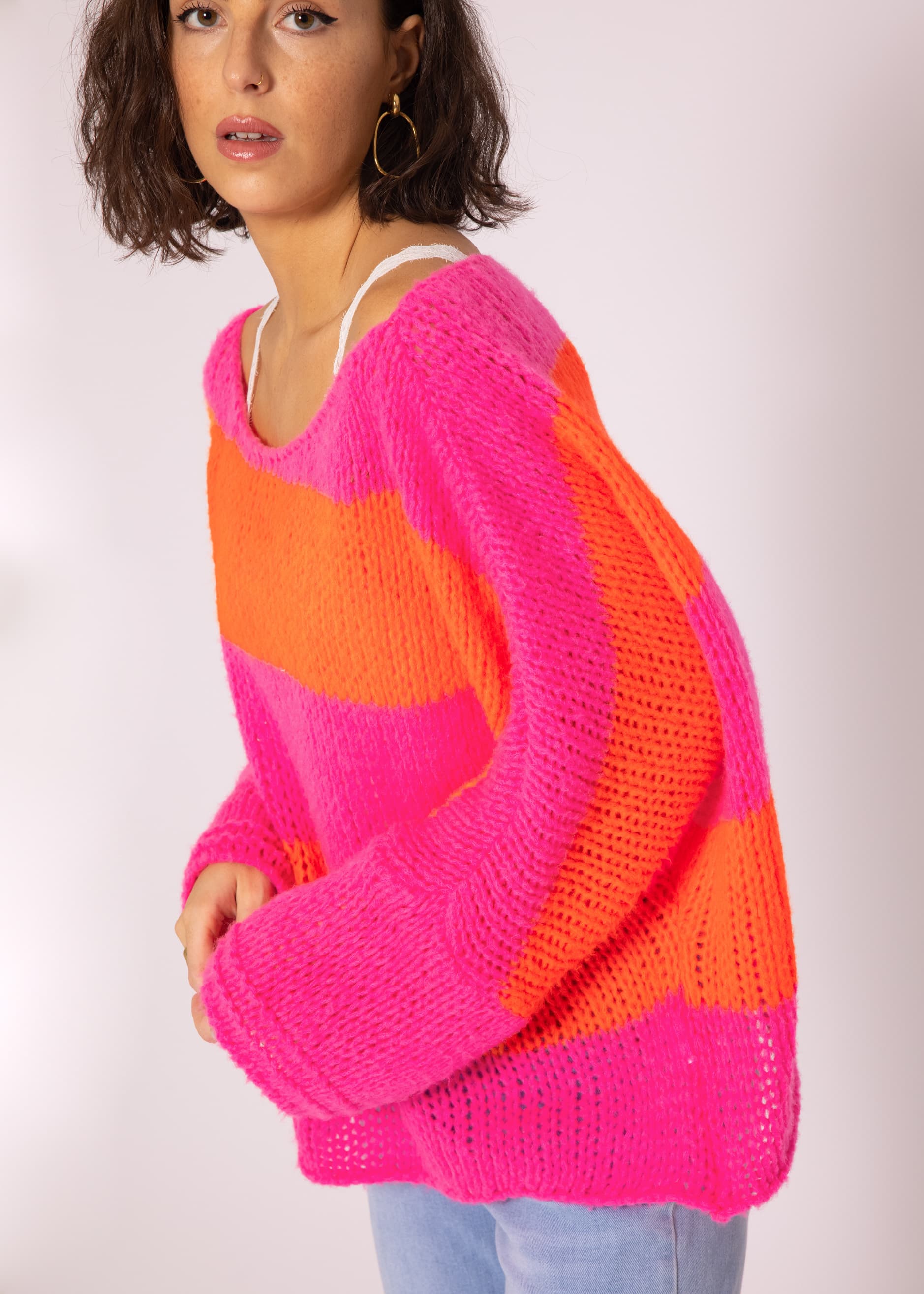 Loose knit oversize jumper, pink-orange | Pullover | Clothing