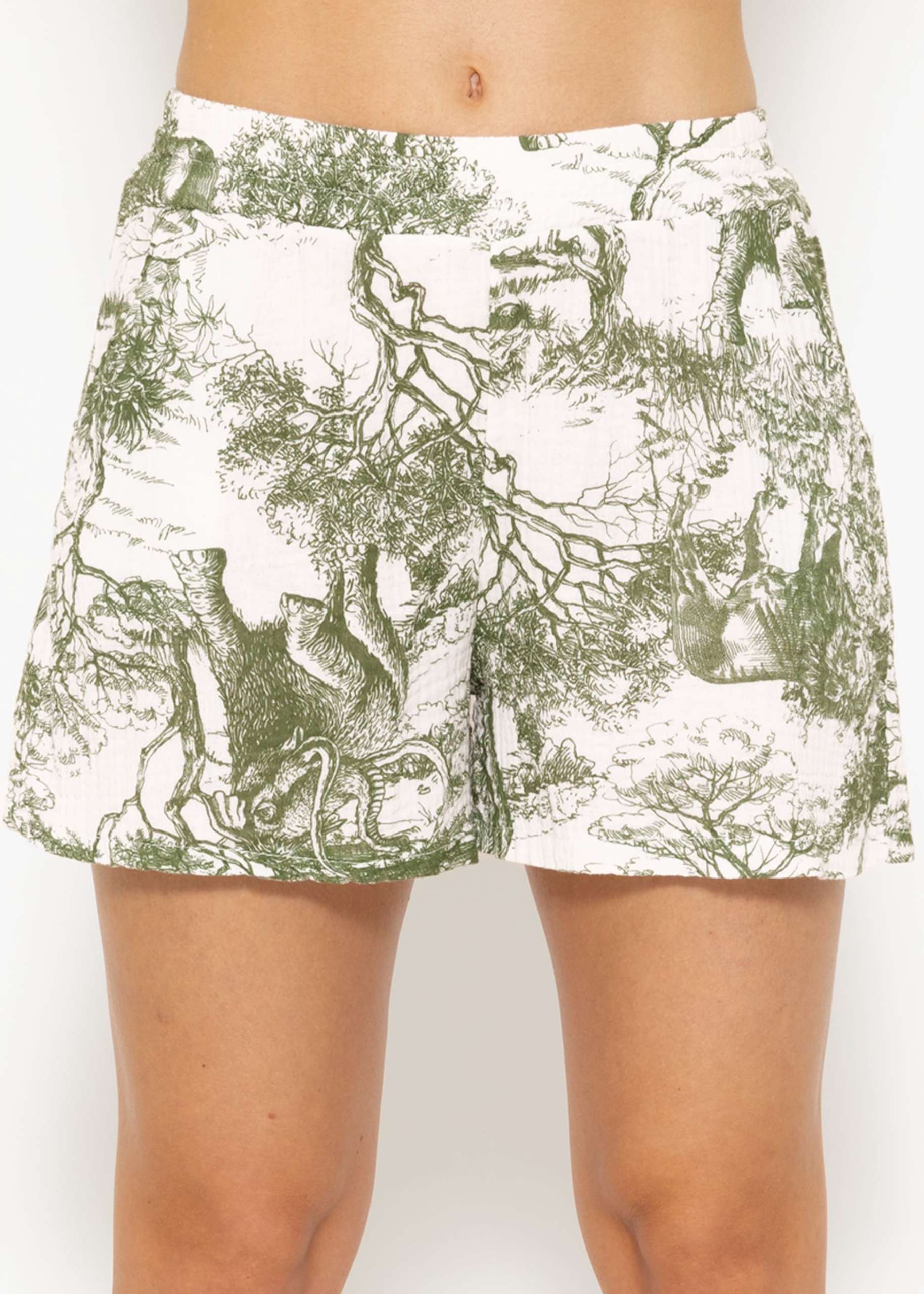 Muslin shorts with print, khaki