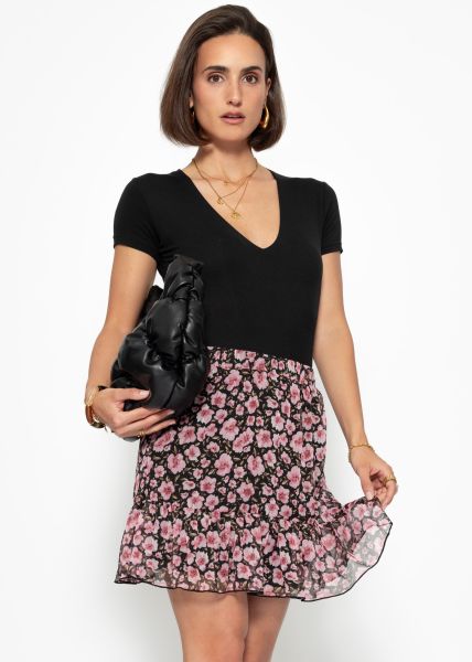 Ruffled skirt with floral print - black