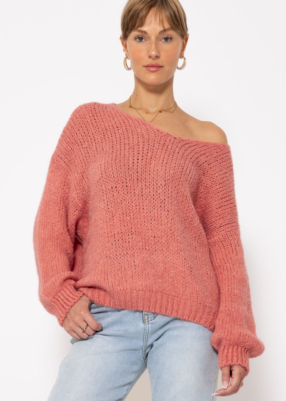 Oversized jumper with V-neck - salmon