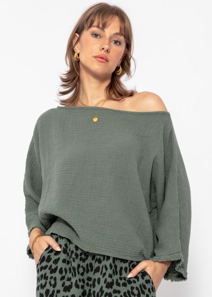 Musselin Shirt mit ausgefranstem Ärmelabschluss - khaki