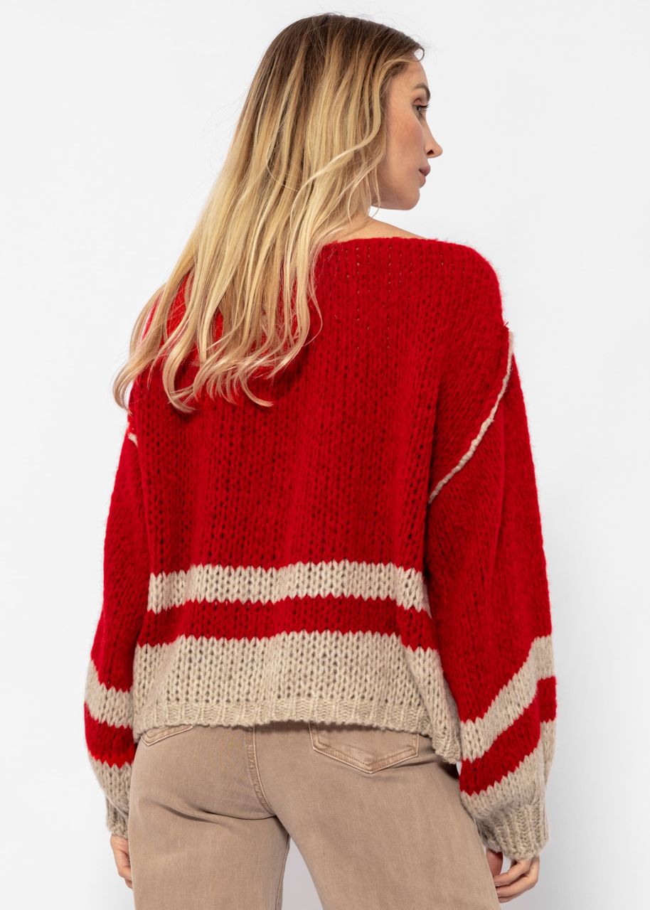 Jumper with striped hem - red-beige