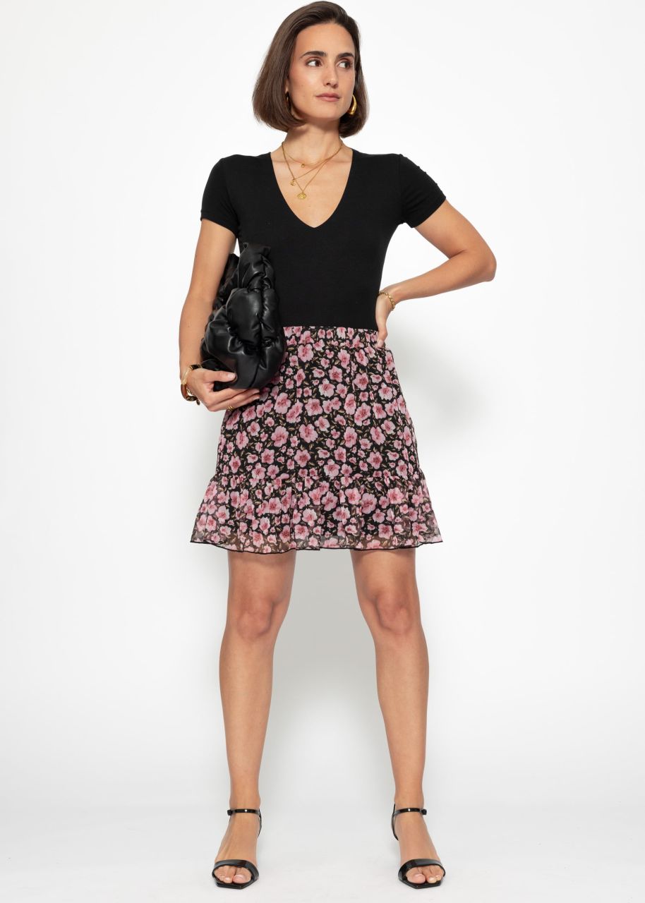 Ruffled skirt with floral print - black
