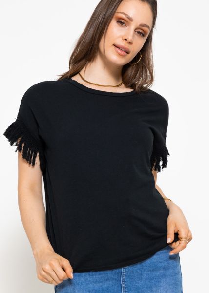 T-shirt with fringe border, black