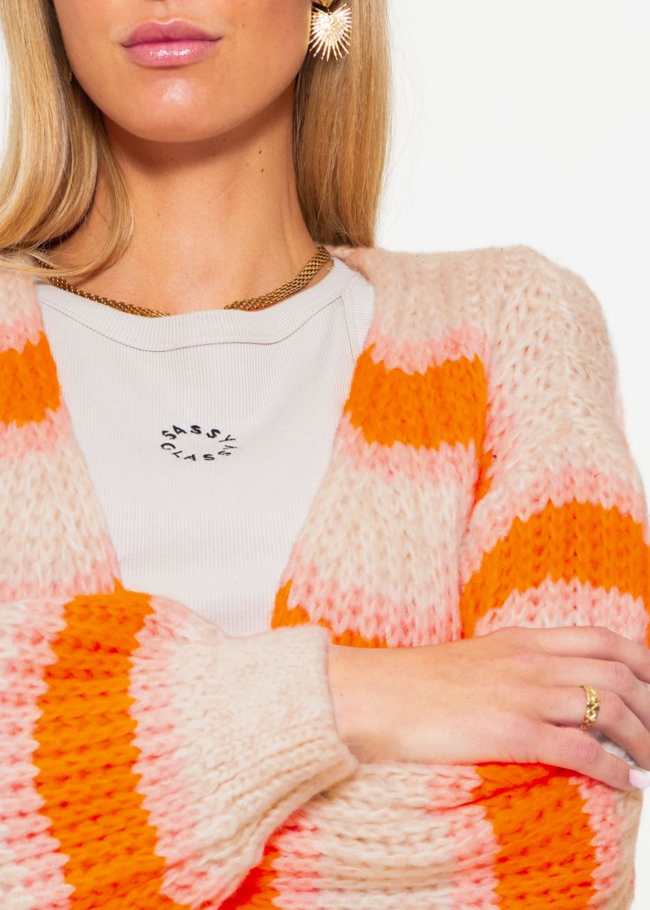 Cardigan with block stripes and balloon sleeves - offwhite-orange