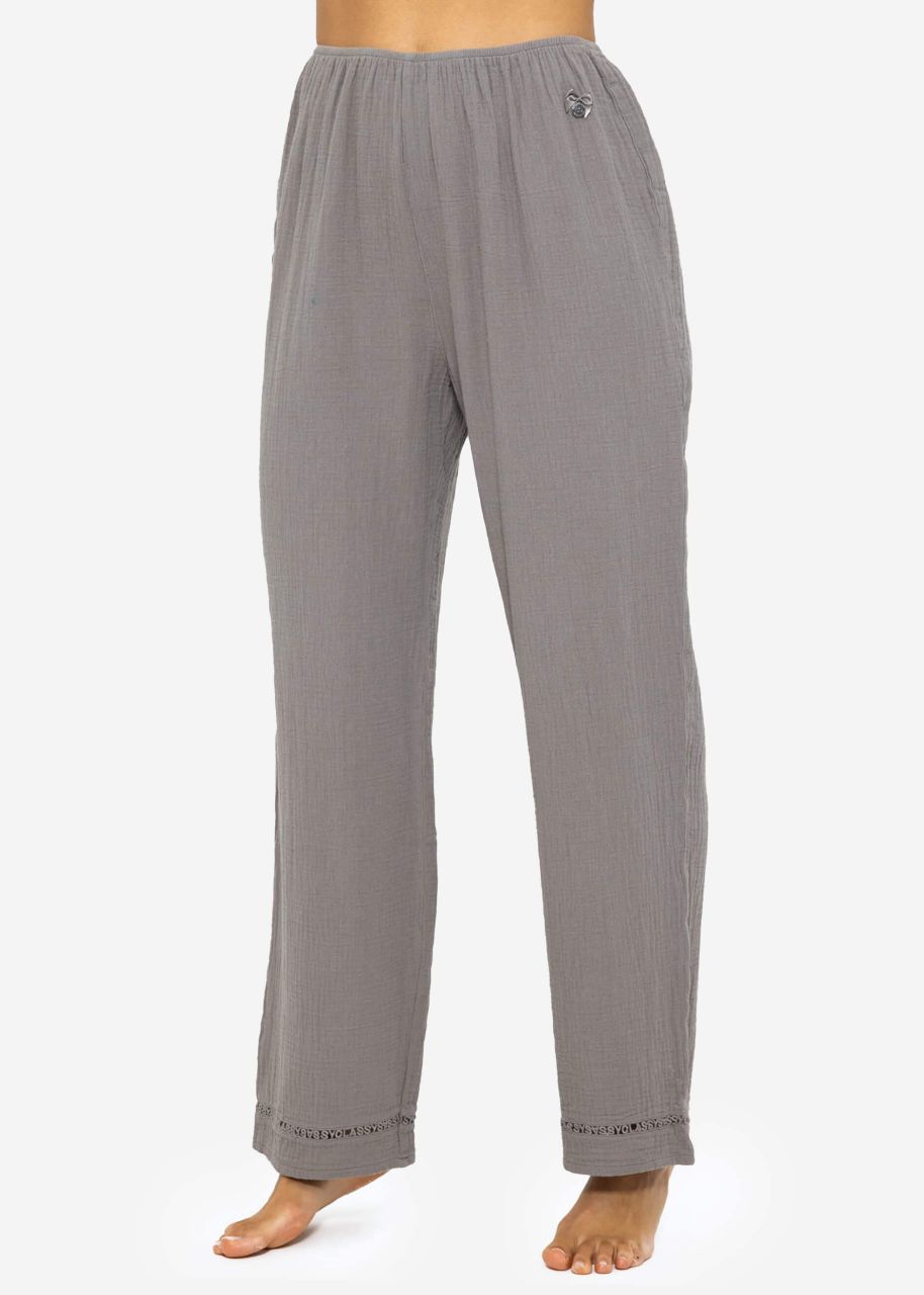 Muslin pyjama bottoms with lace trim - taupe