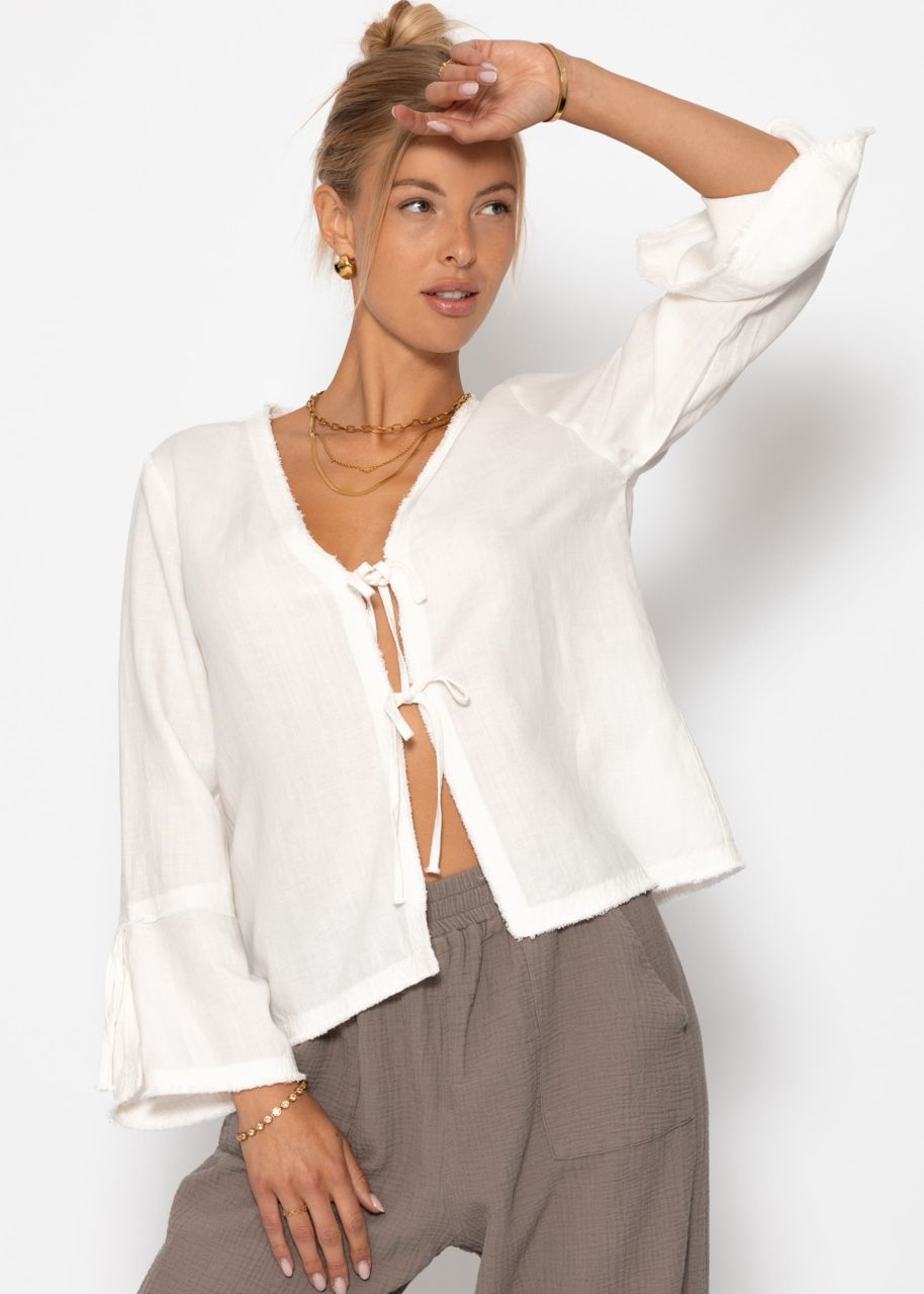 Linen blouse with trumpet sleeves and bow fastening - white