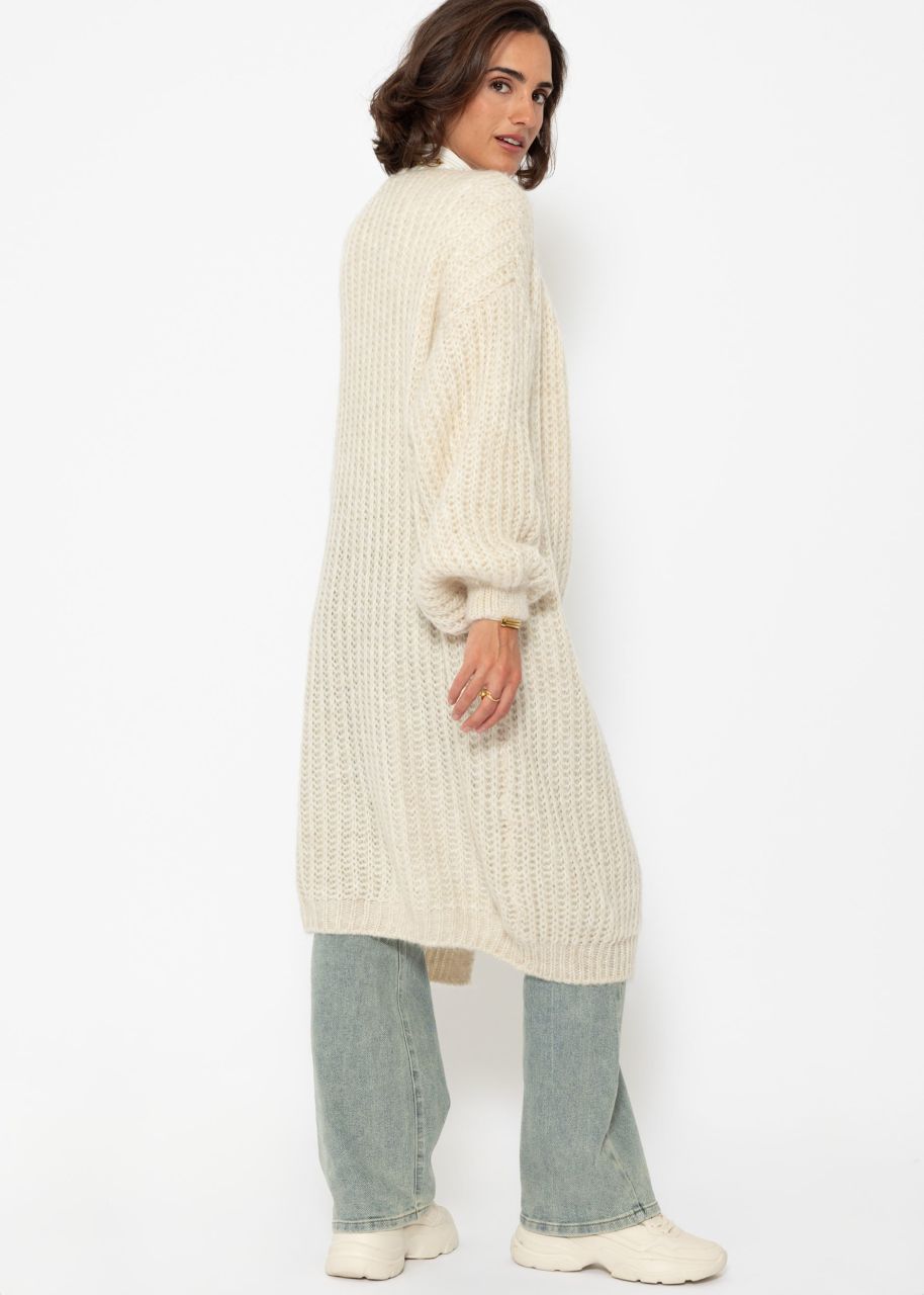 Ribbed long cardigan with balloon sleeves - beige