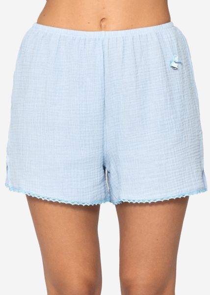 Muslin pyjama shorts with lace trim - blue