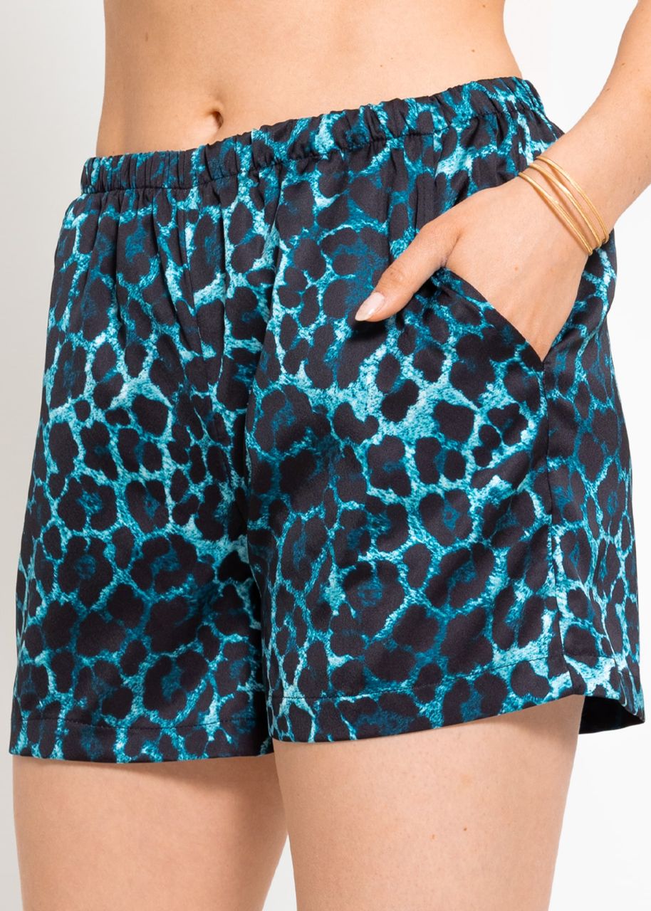 Satin shorts with leo print - turquoise