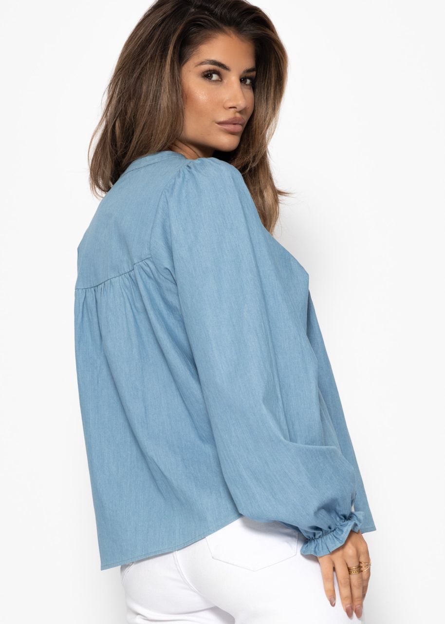 Denim blouse with V-neck - blue