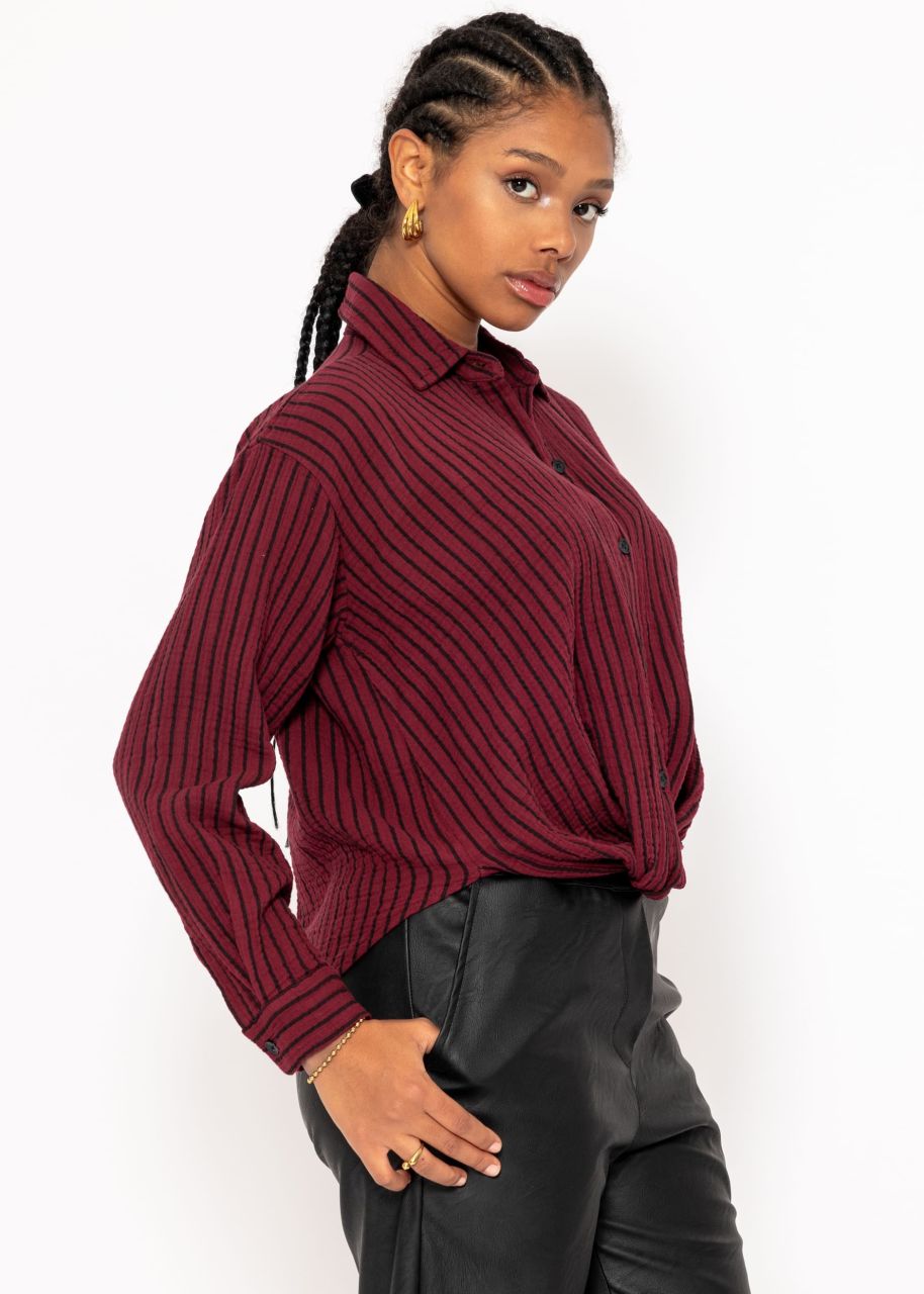 Striped muslin blouse with knot - burgundy-black