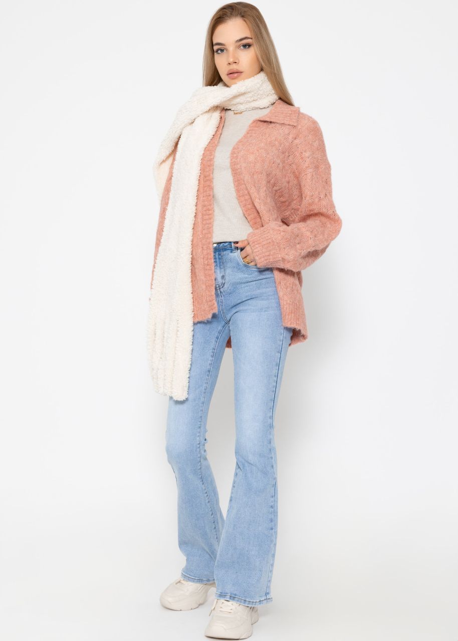 Fluffy cable-knit cardigan with collar - dusky pink