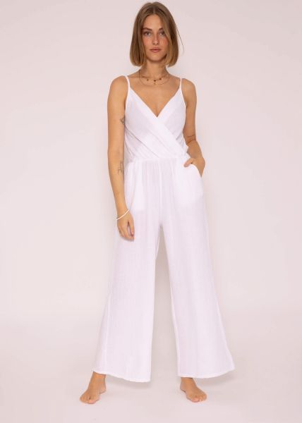 Muslin jumpsuit with wide leg, white