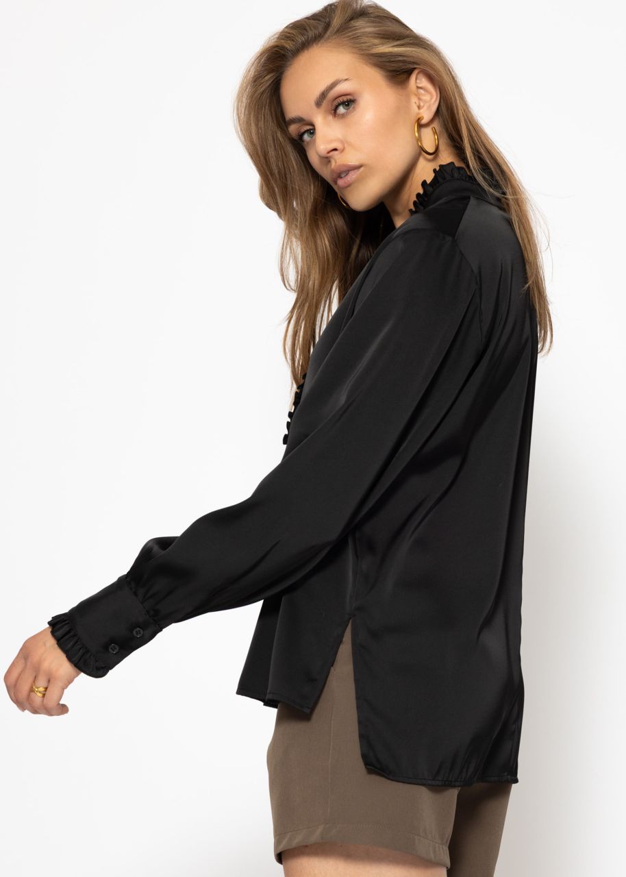 Satin blouse with ruffles - black