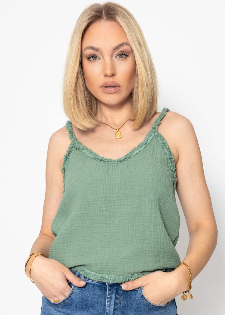 Muslin top with fringed trim - sage green