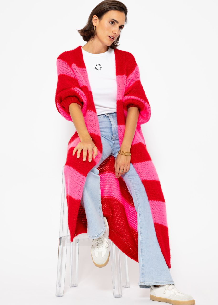 Extra long cardigan with block stripes - red-pink