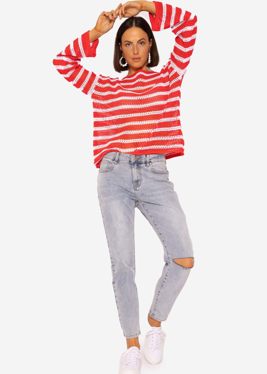 Stripe Crochet Sweater, Red-White