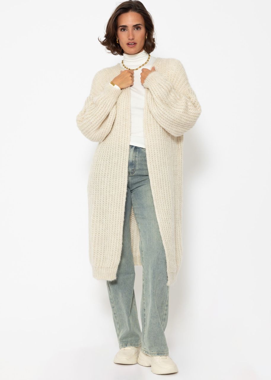 Ribbed long cardigan with balloon sleeves - beige