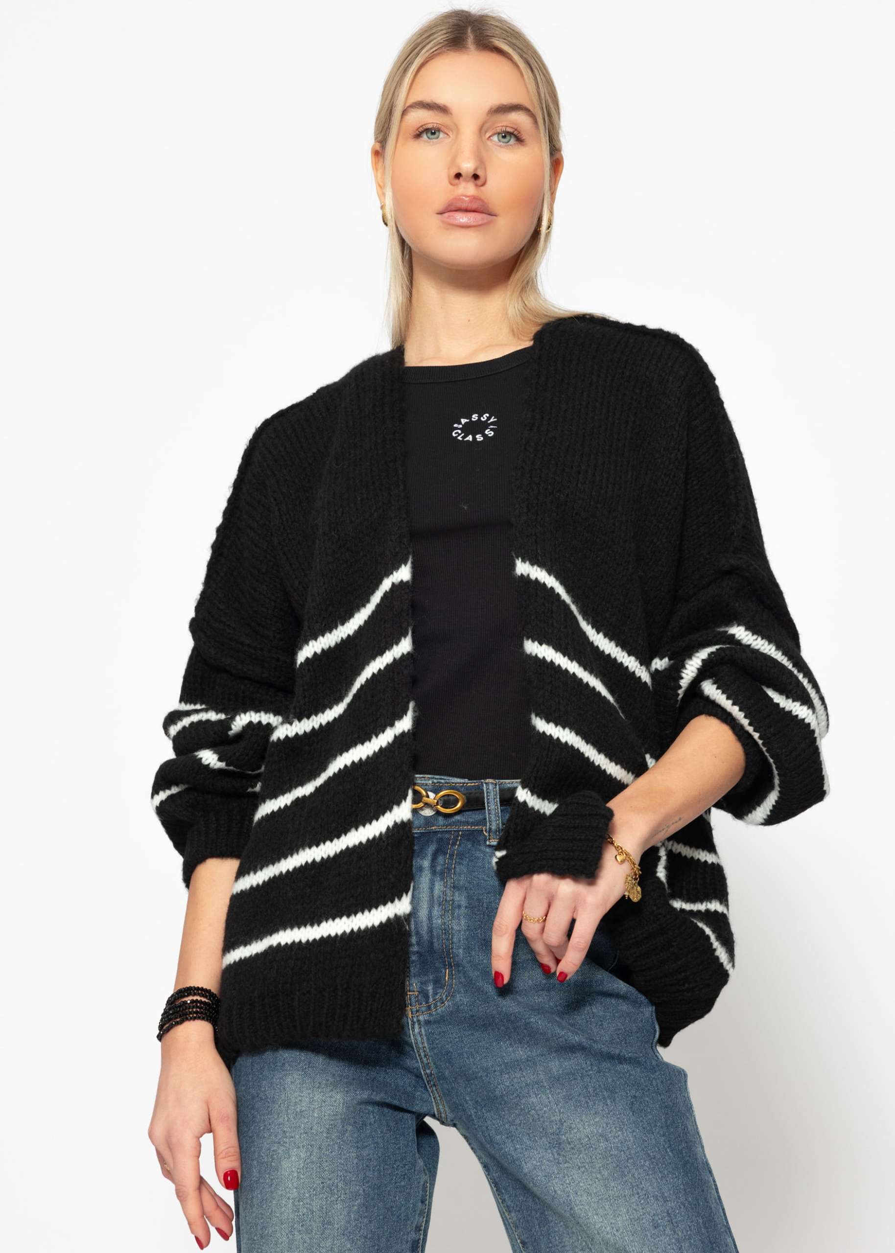 Striped cardigan with outer seams - black