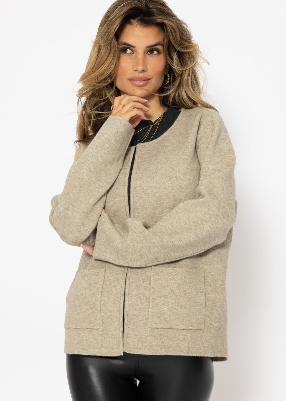 Cardigan with a round neckline and patch pockets - beige